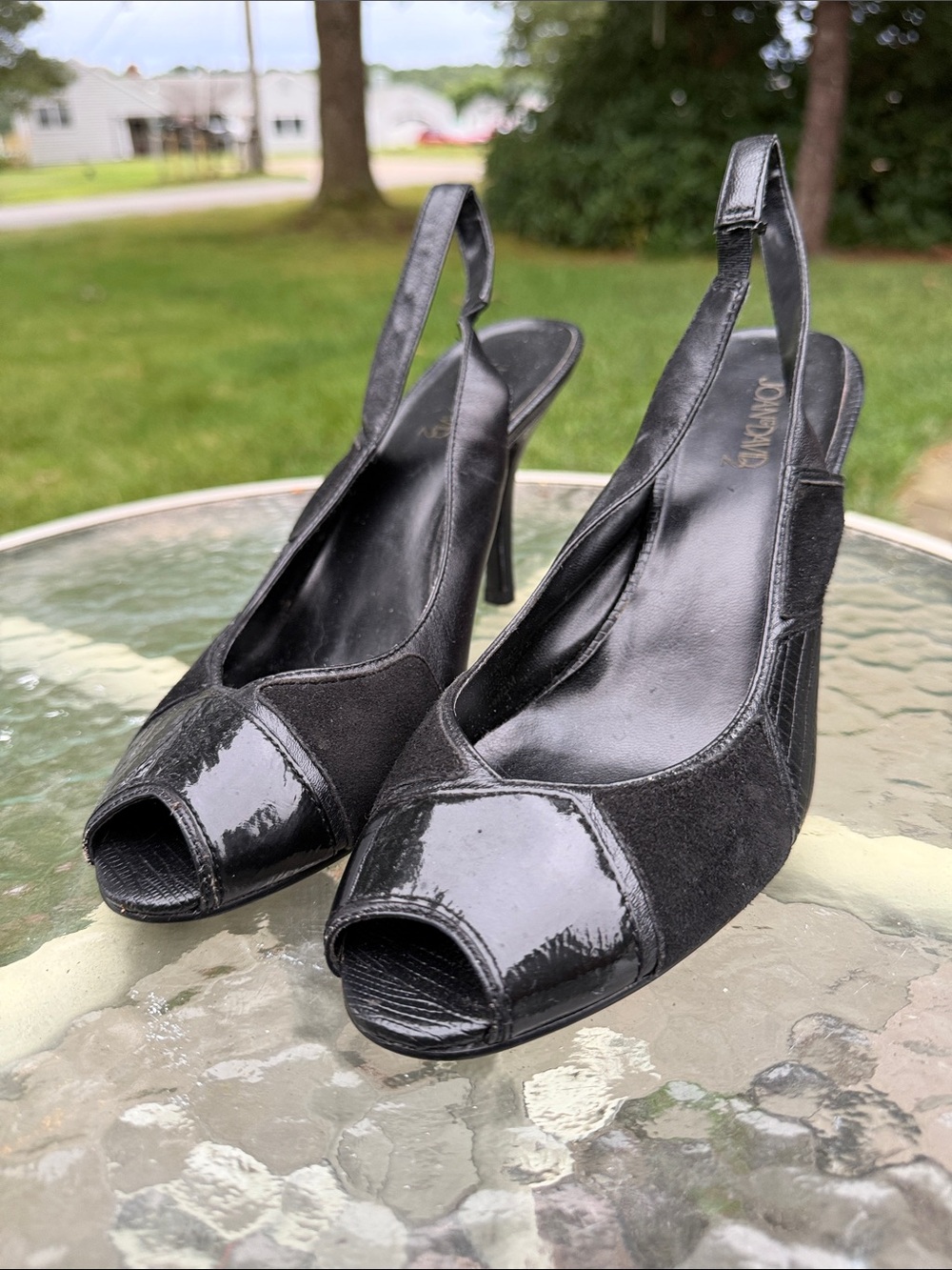 Joan & David Black Patent and Suede Peep-Toe Slingbacks